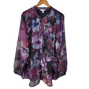 CJ Banks Top Plus Size 3X Mesh Chiffon Floral Bottom Up Ruffle Front Womens